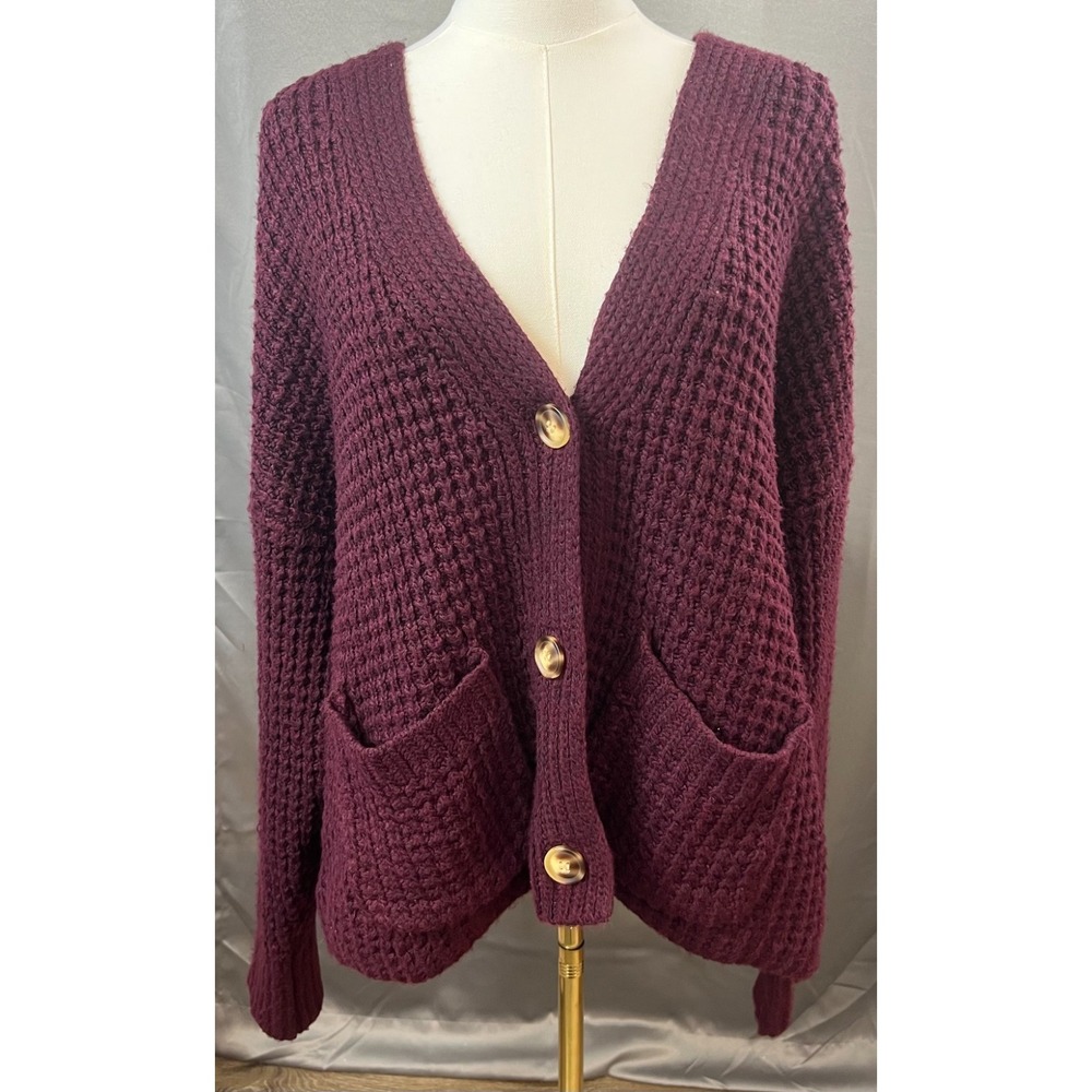 a.n.a Burgundy Chunky Knit V Neck Button Front Cardigan Sweater XL